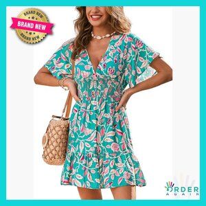 Plunging Neck Ruffle Sleeve Smocked Waist Mini Dress Summer Casual Vacation